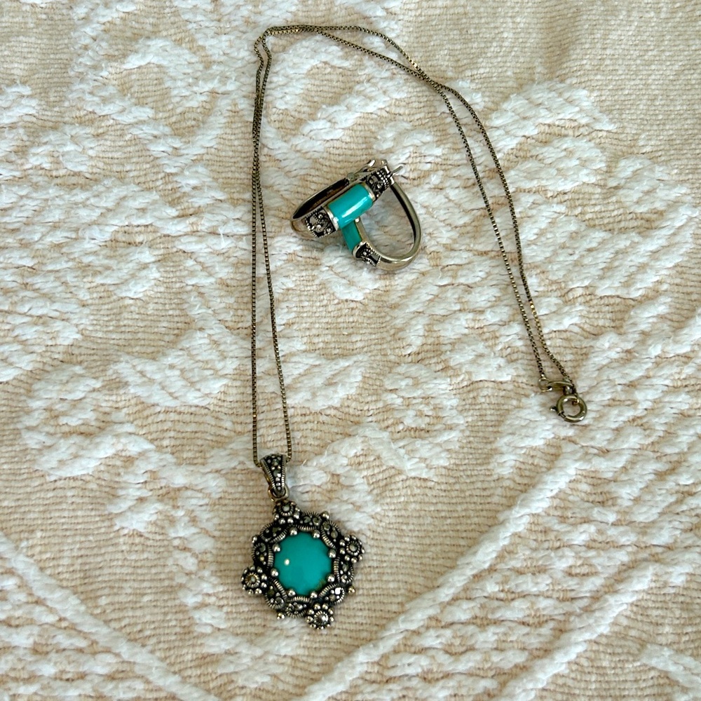 925 Silver Marcasite Pendant Necklace and Earrings